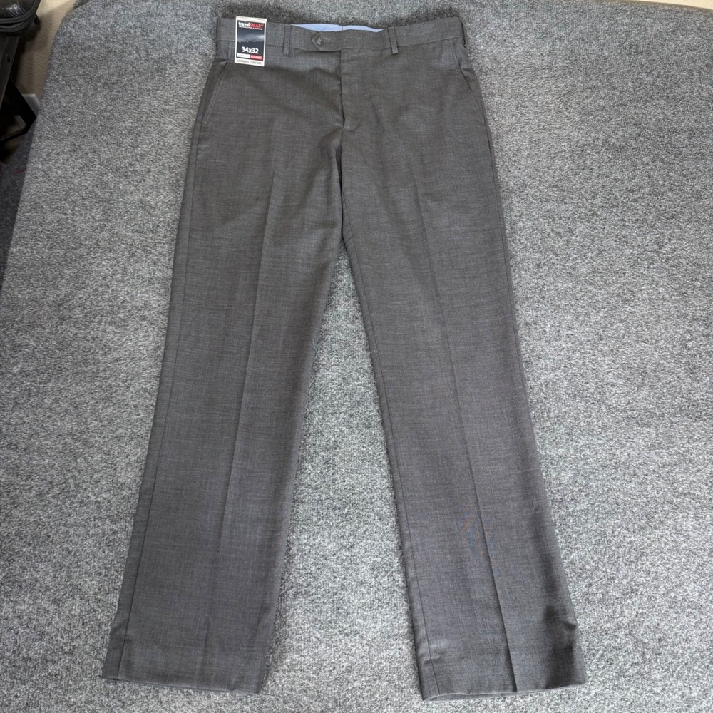 Roundtree & Yorke TravelSmart Mens 34x32 Gray Dress Pants Classic Fit Flat Front